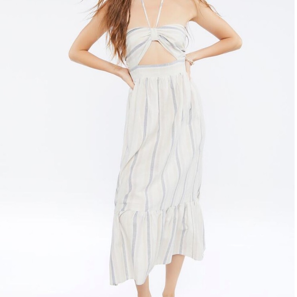 Linen Blend Cut Out Midi Dress NWT